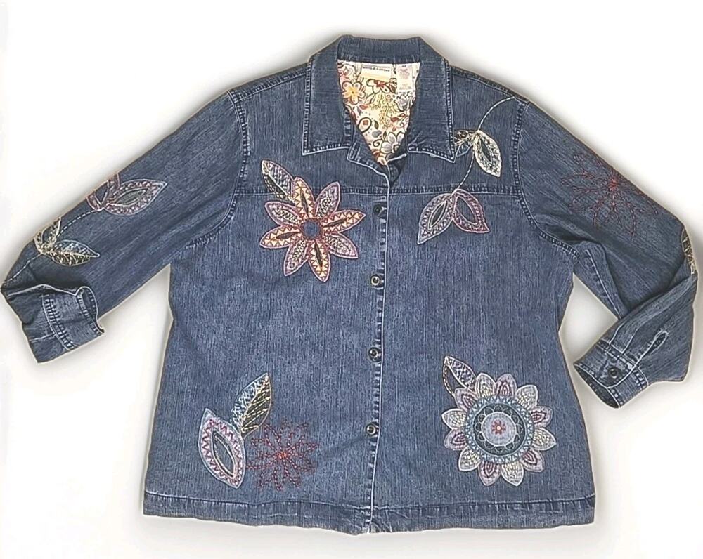 Alfred Dunner Denim Jacket Women Size 20 Blue Floral Embroidered Beaded